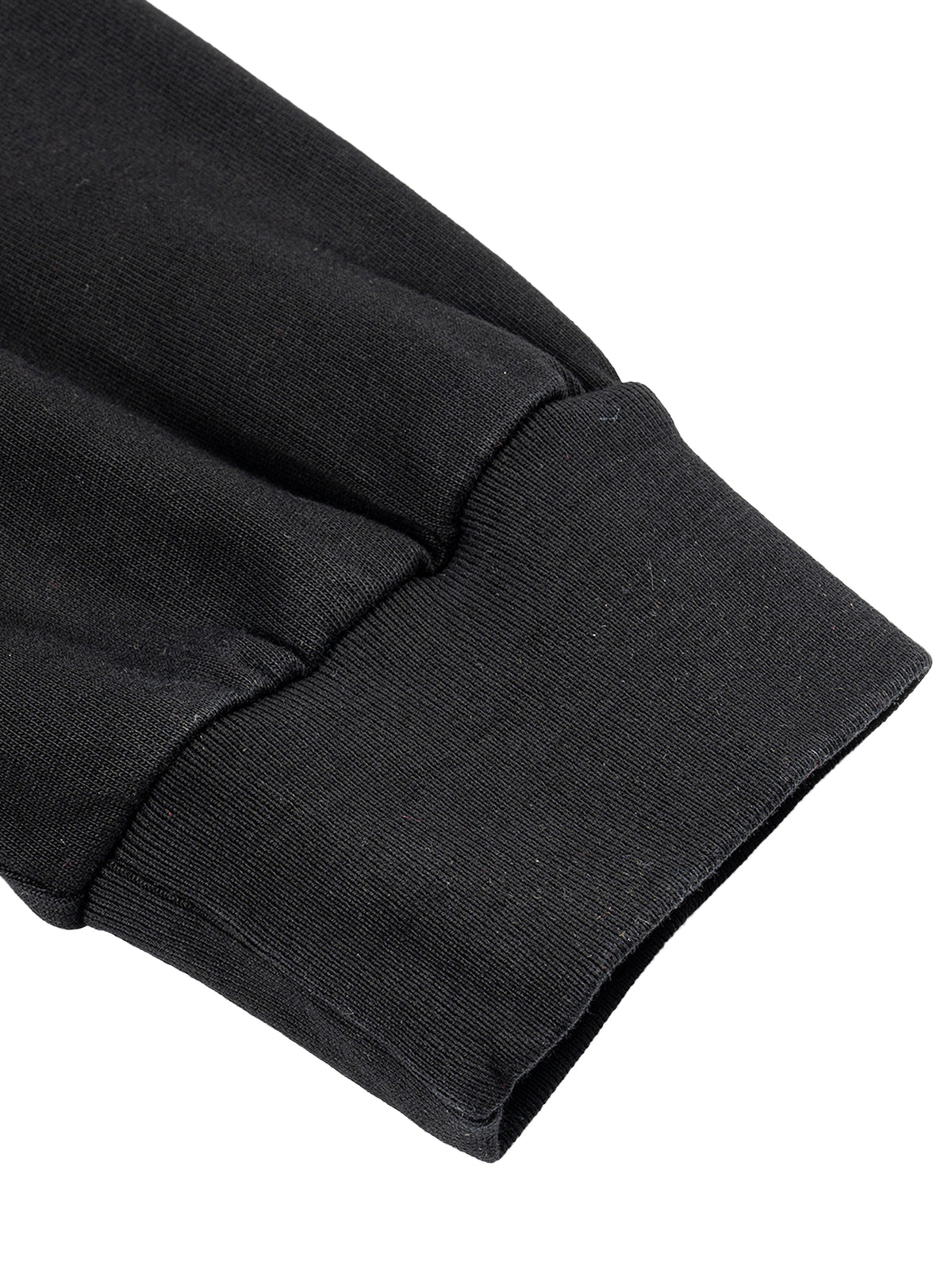 Close-up of a black sweatshirt sleeve on a white background