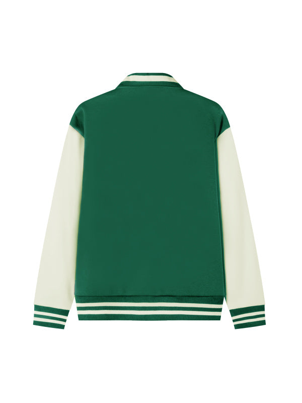 TWO-TONE FLEECED VARSITY JACKET - GREEN WITH WHITE
