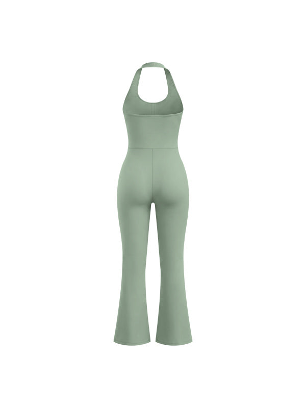 HALTER FLARED JUMPSUIT - GRAY GREEN