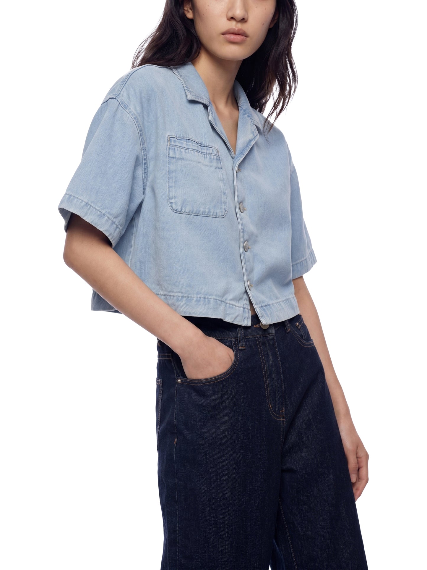 VINTAGE WASH BOXY CROPPED SHIRT - LIGHT BLUE