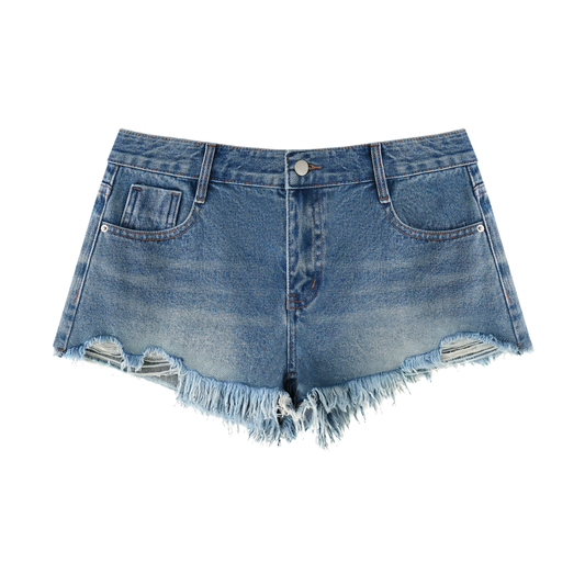 VINTAGE WASH RAW HEM DENIM SHORTS - BLUE