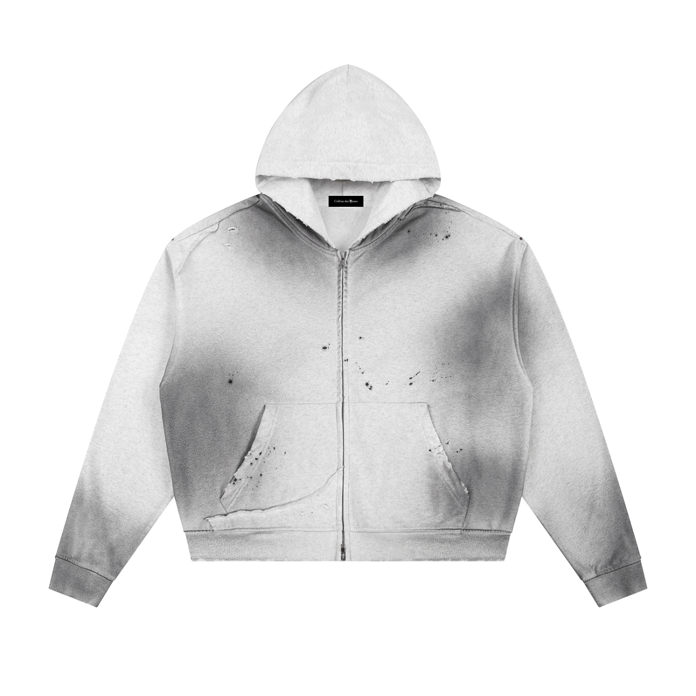 SUNFADE FRAYED RAW EDGE FLEECE ZIP HOODIE - FLOWER GRAY