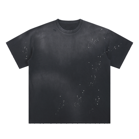 HAND-FRAYED SUNFADE PAINT SPLATTER T-SHIRT - BLACK
