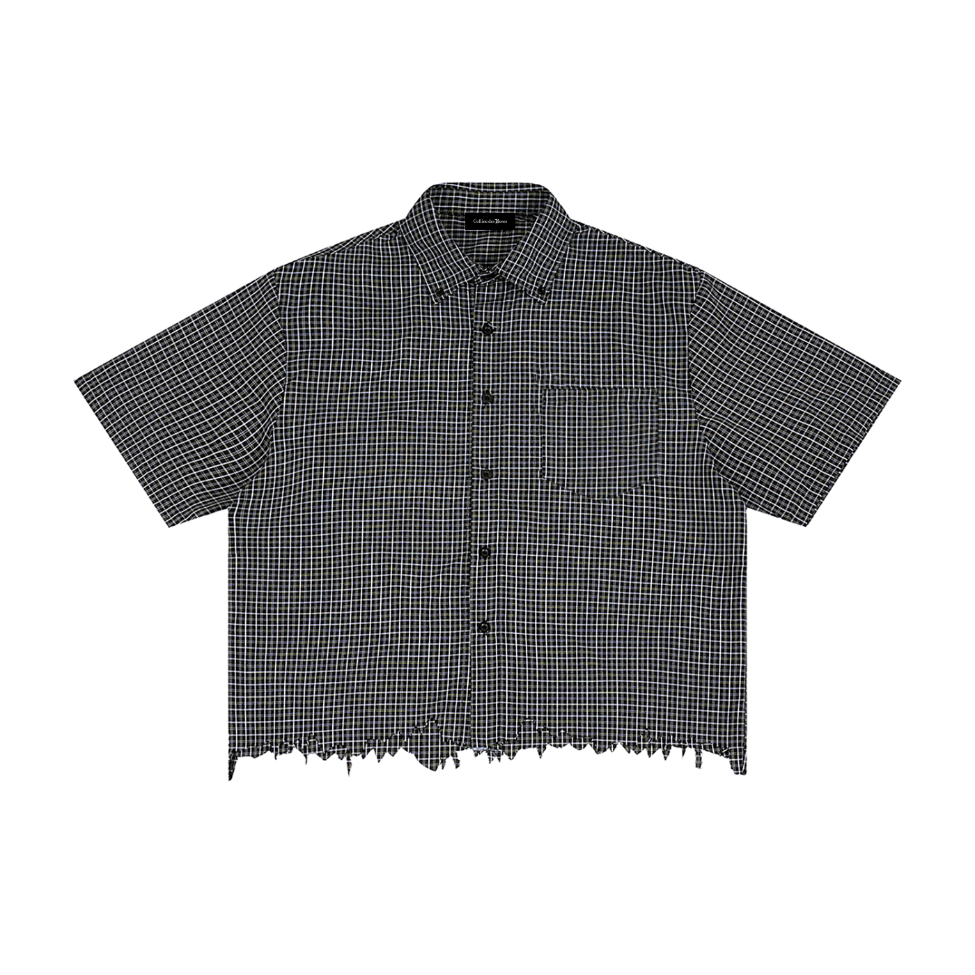 DISTRESSED PLAID BOXY SHIRT - BLACK