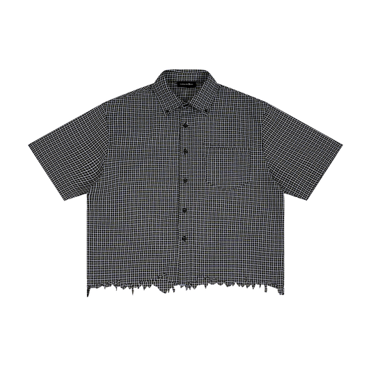 DISTRESSED PLAID BOXY SHIRT - BLACK