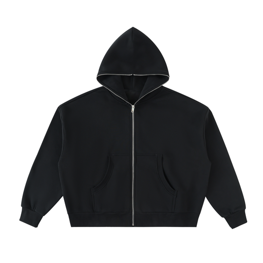 Fleeced Full-Zip Boxy Hoodie - Black