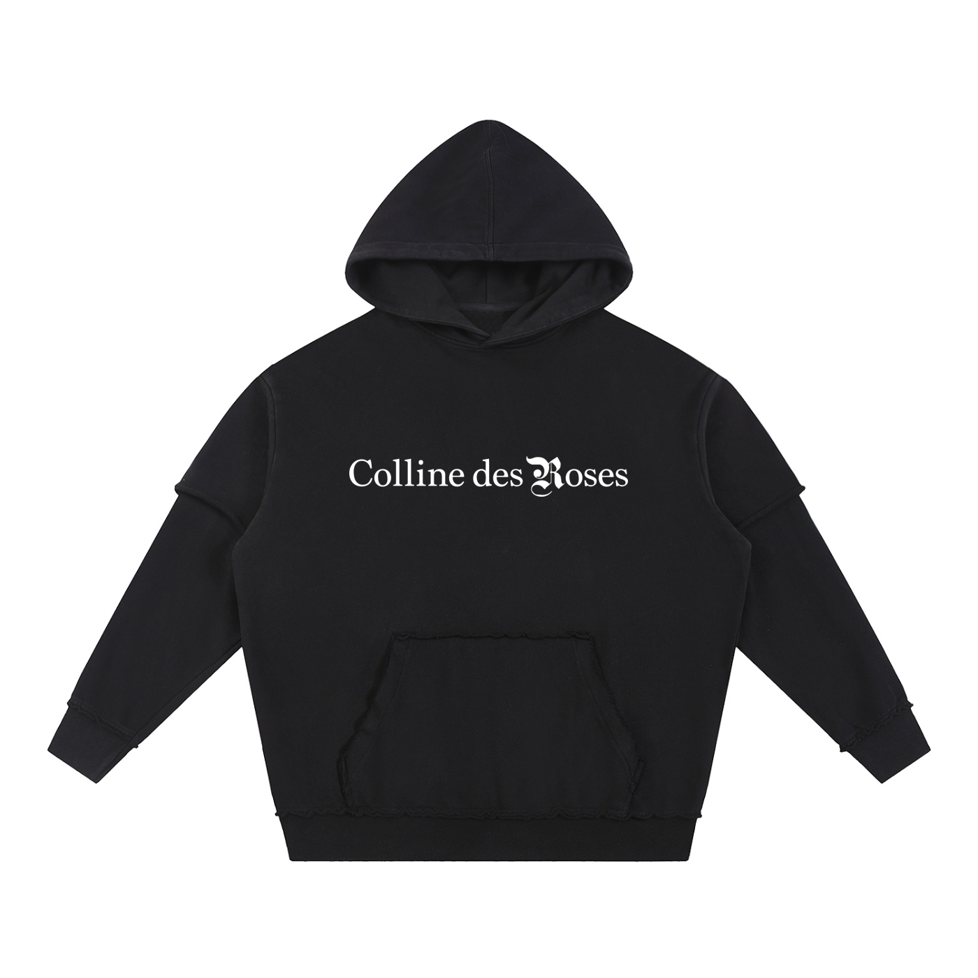 Snow Washed Raw Edge Double Layered Hoodie - Black