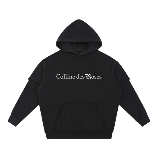 Snow Washed Raw Edge Double Layered Hoodie - Black