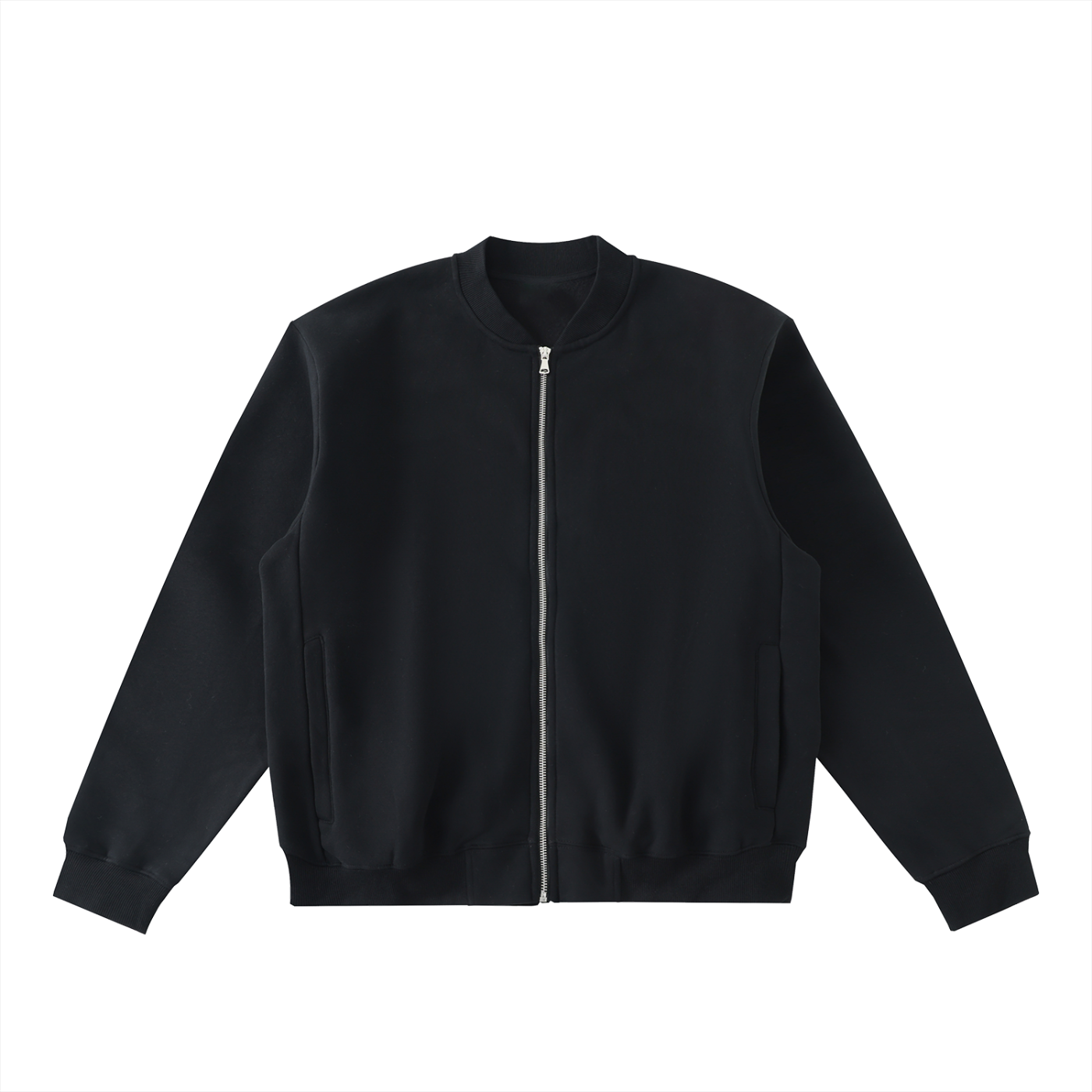 Essential Zip-Up Fleeced Varsity Jacket - Black