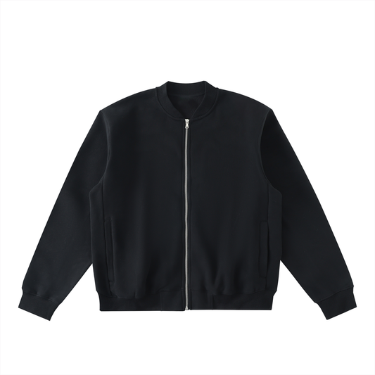 Essential Zip-Up Fleeced Varsity Jacket - Black