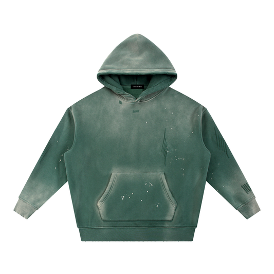 VINTAGE WASHED FRAYED FLEECE HOODIE - RETRO GREEN