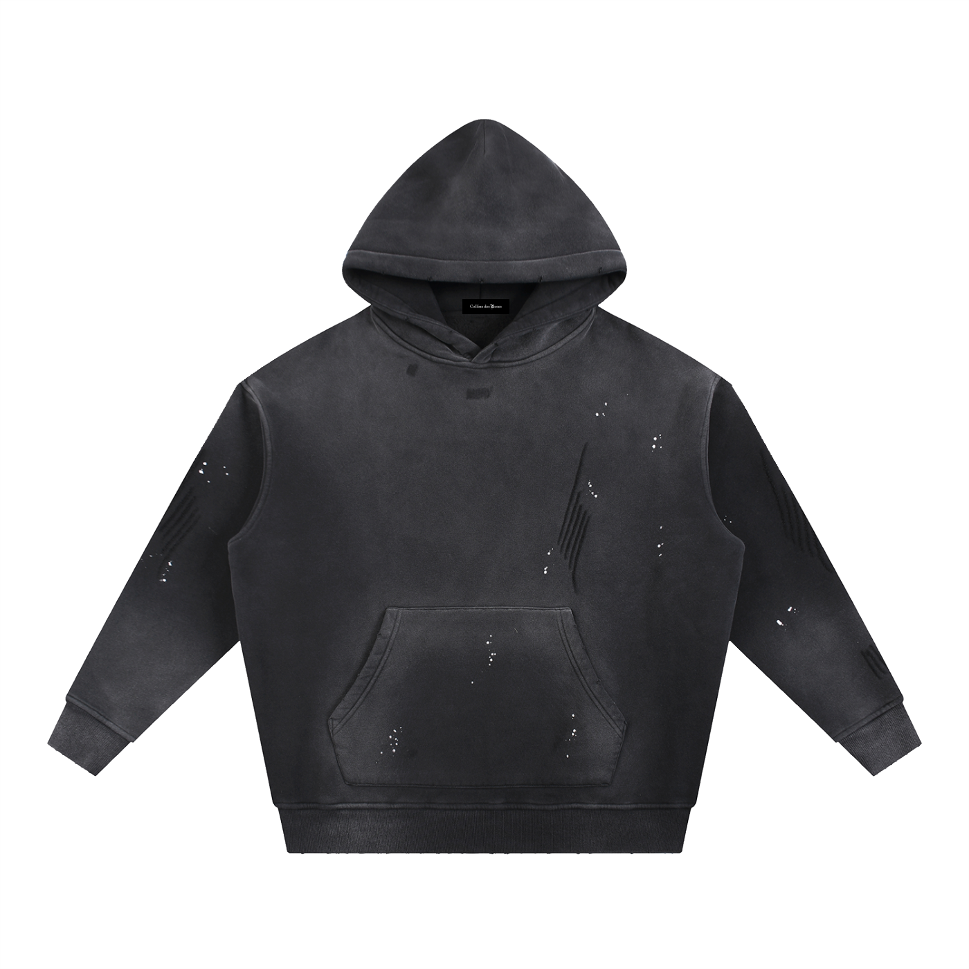 VINTAGE WASHED FRAYED FLEECE HOODIE - BLACK