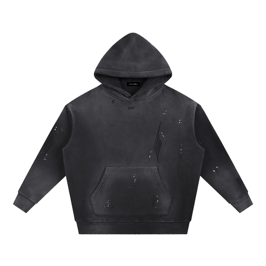VINTAGE WASHED FRAYED FLEECE HOODIE - BLACK