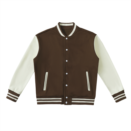 Two-Tone Fleeced Varsity Jacket - Coffee with White
