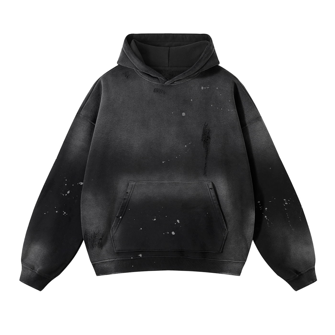 Vintage Washed Frayed Fleece Hoodie - Black