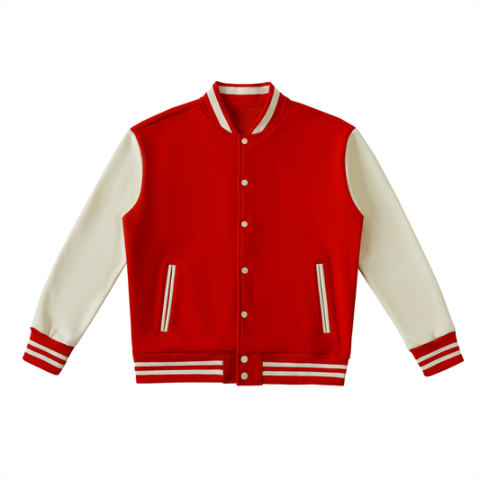Two-Tone Fleeced Varsity Jacket - Red with White