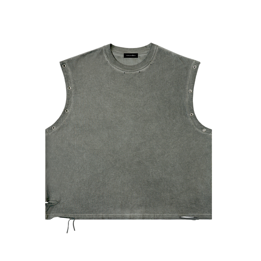 DISTRESSED GROMMET EYELET TANK TOP - GRAY