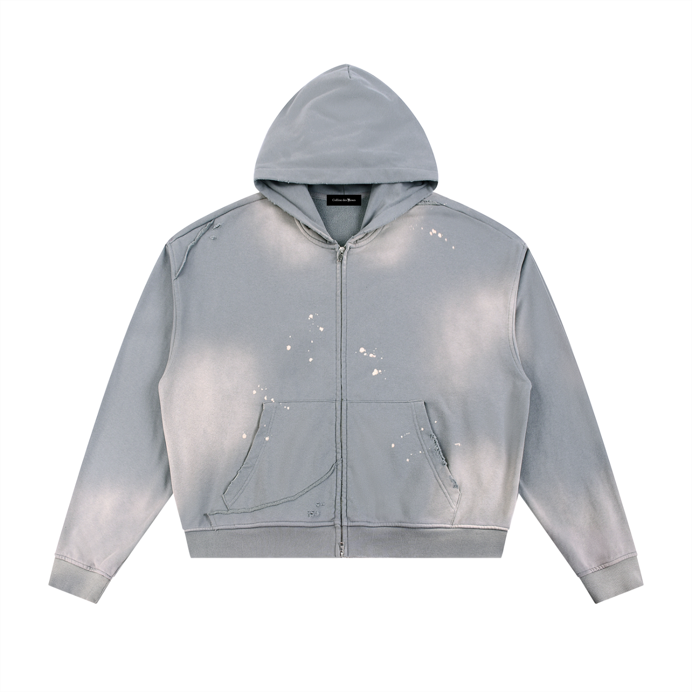 SUNFADE FRAYED RAW EDGE FLEECE ZIP HOODIE - GRAY BLUE