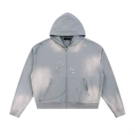 SUNFADE FRAYED RAW EDGE FLEECE ZIP HOODIE - GRAY BLUE