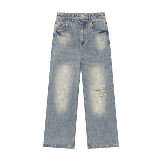 VINTAGE WASH DISTRESSED DENIM JEANS - BLUE