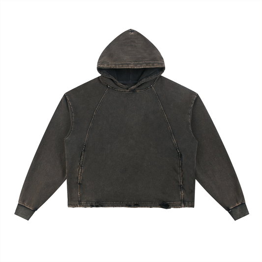 Vintage Washed Frayed-Hem Hoodie - Black