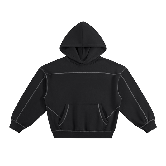 Contrast-Stitched Boxy Fleece Hoodie - Black