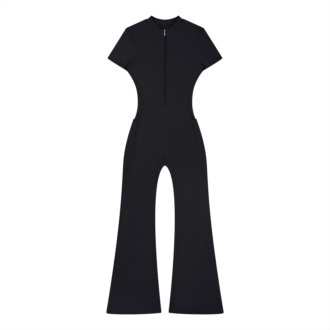 TIGHT FLARED LEG QUARTER-ZIP JUMPSUIT - BLACK