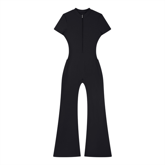 TIGHT FLARED LEG QUARTER-ZIP JUMPSUIT - BLACK