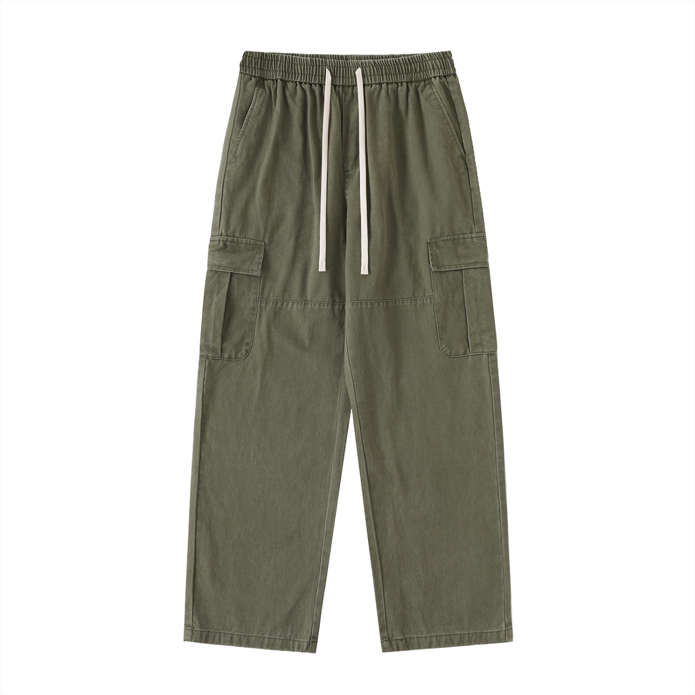 Drawstring Waist Straight-Leg Cargo Pants - Gray Green