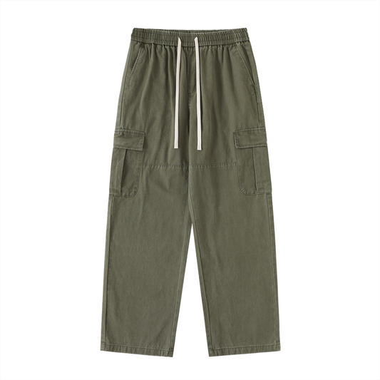 Drawstring Waist Straight-Leg Cargo Pants - Gray Green