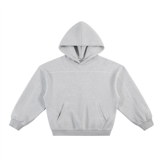 CONTRAST-STITCHED BOXY FLEECE HOODIE - FLOWER GRAY