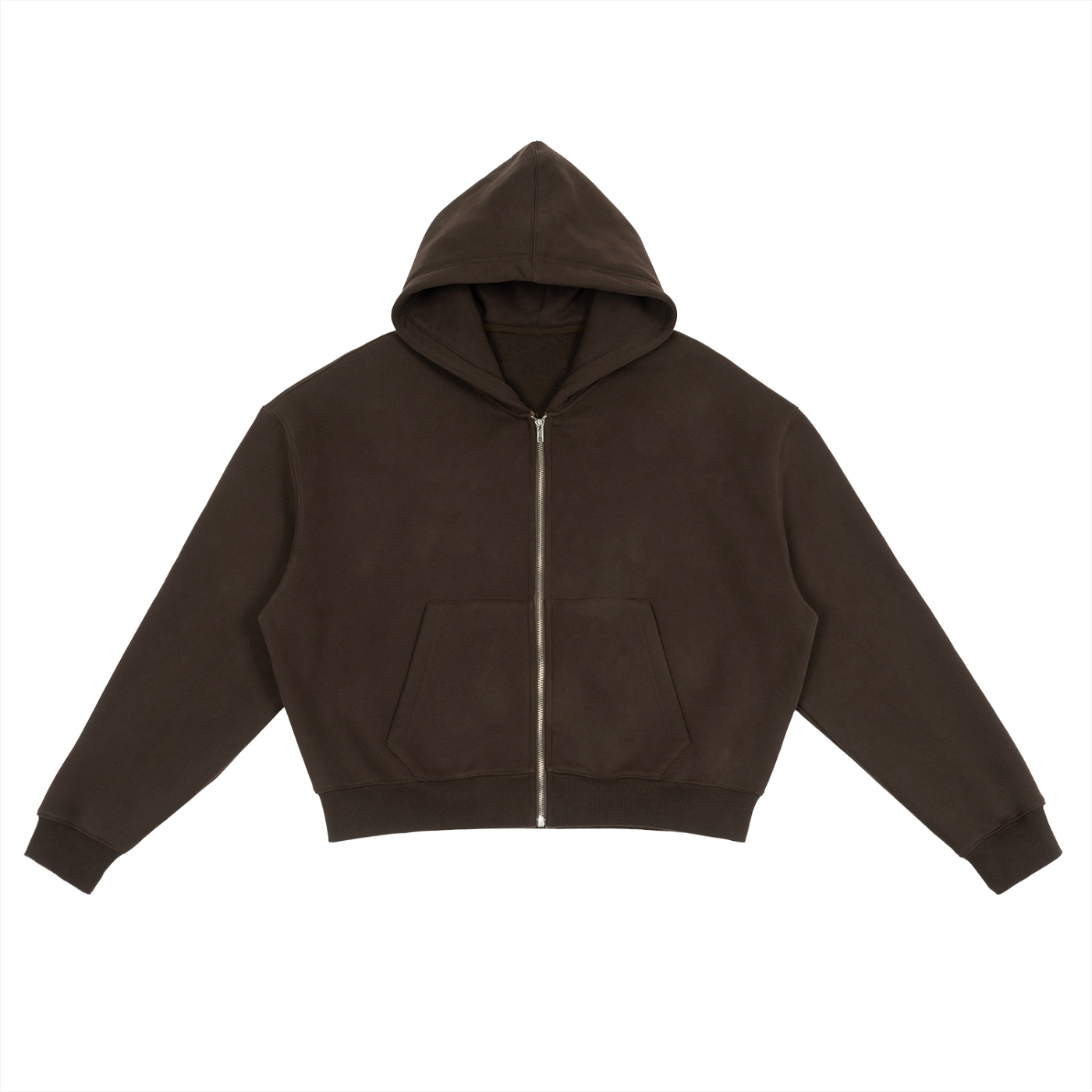 Fleece Zip-Up Boxy Hoodie - Brown