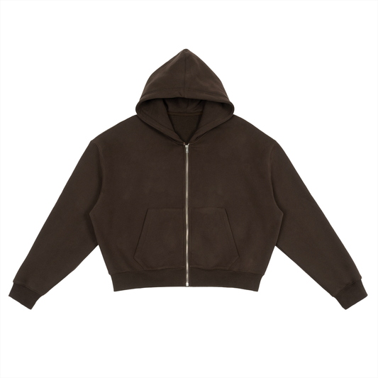 Fleece Zip-Up Boxy Hoodie - Brown