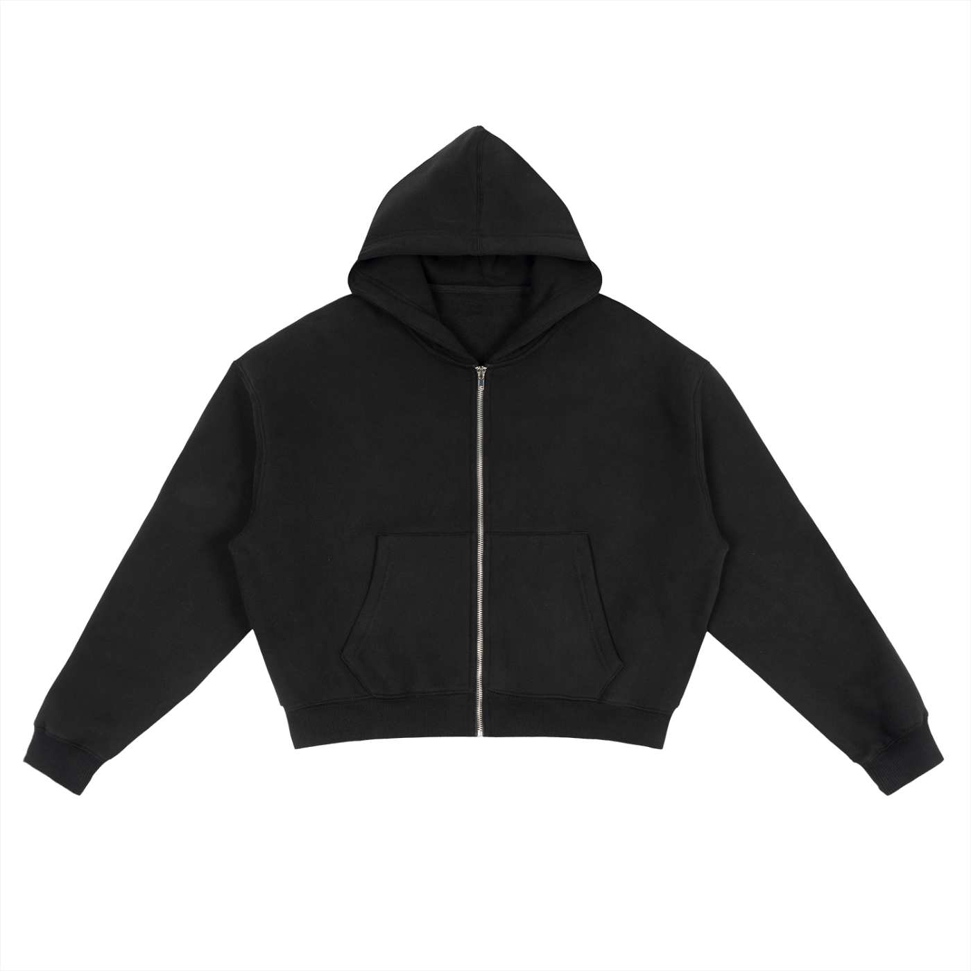 Fleece Zip-Up Boxy Hoodie - Black