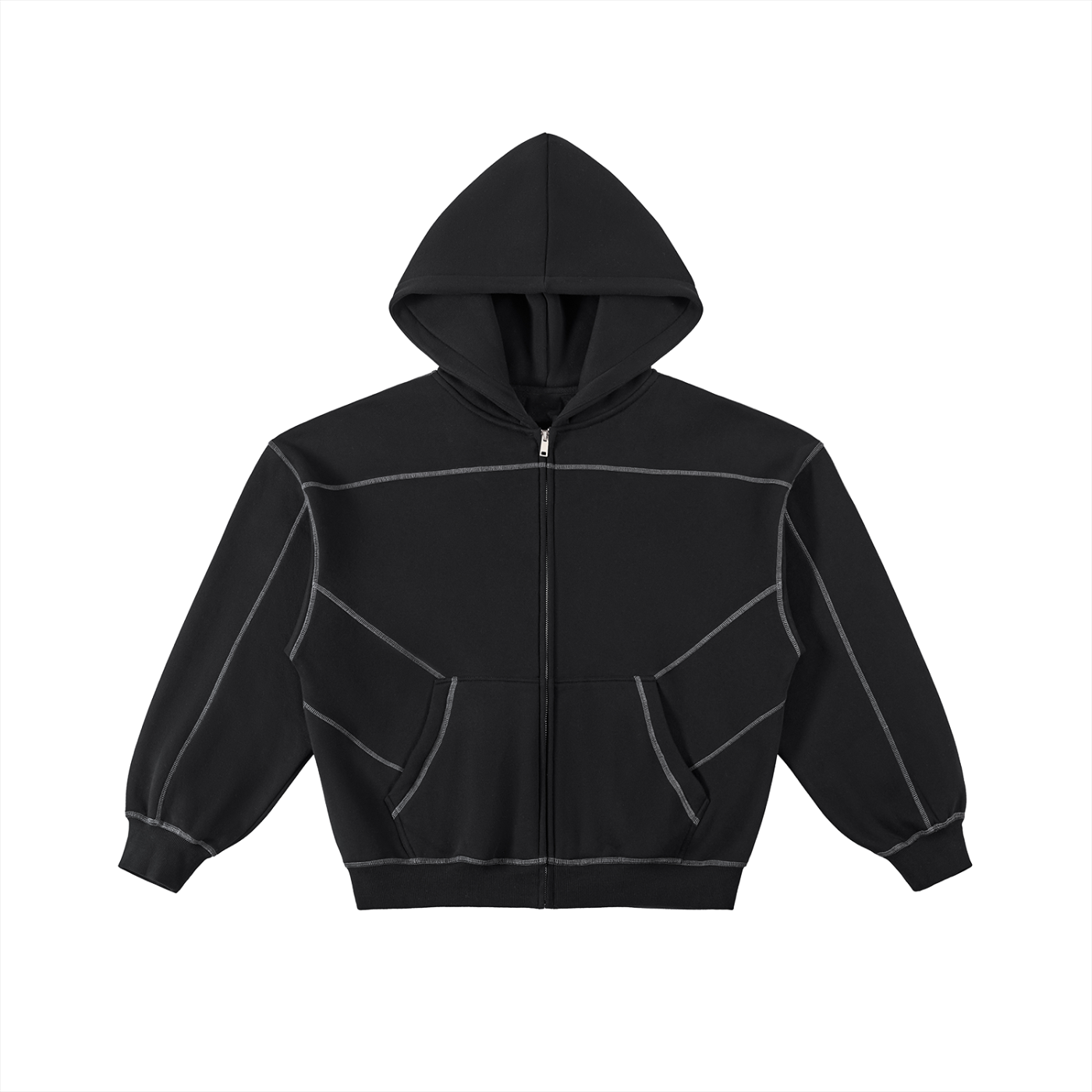 Contrast-Stitched Boxy Fleece Zip Hoodie - Black