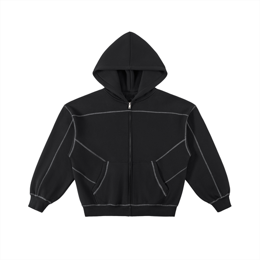 Contrast-Stitched Boxy Fleece Zip Hoodie - Black