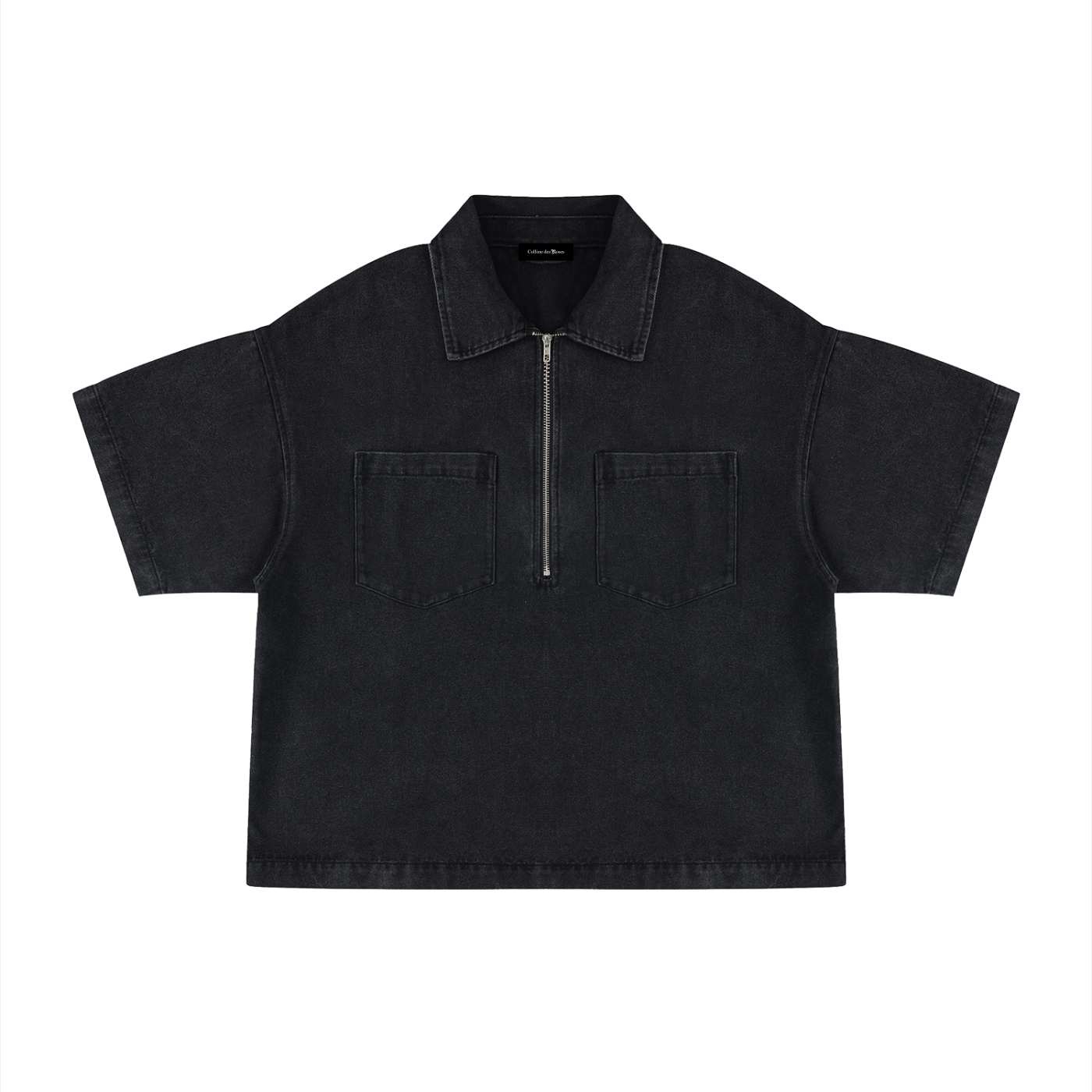 VINTAGE WASH BOXY QUARTER-ZIP DENIM SHIRT - BLACK