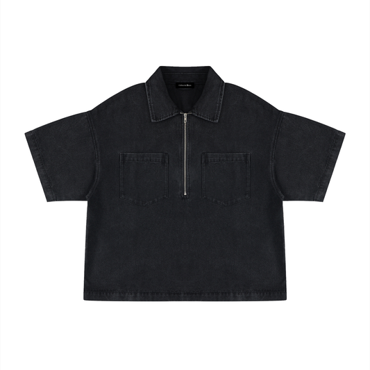 VINTAGE WASH BOXY QUARTER-ZIP DENIM SHIRT - BLACK