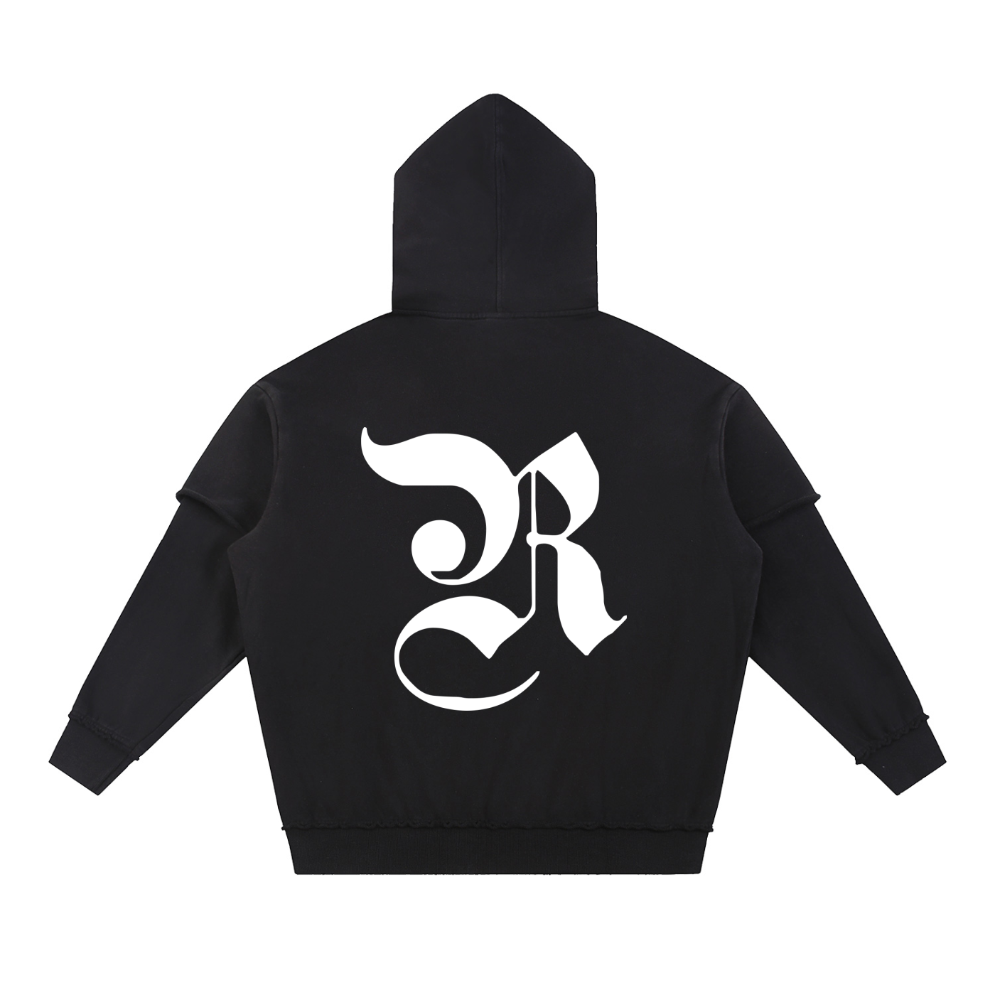Snow Washed Raw Edge Double Layered Hoodie - Black