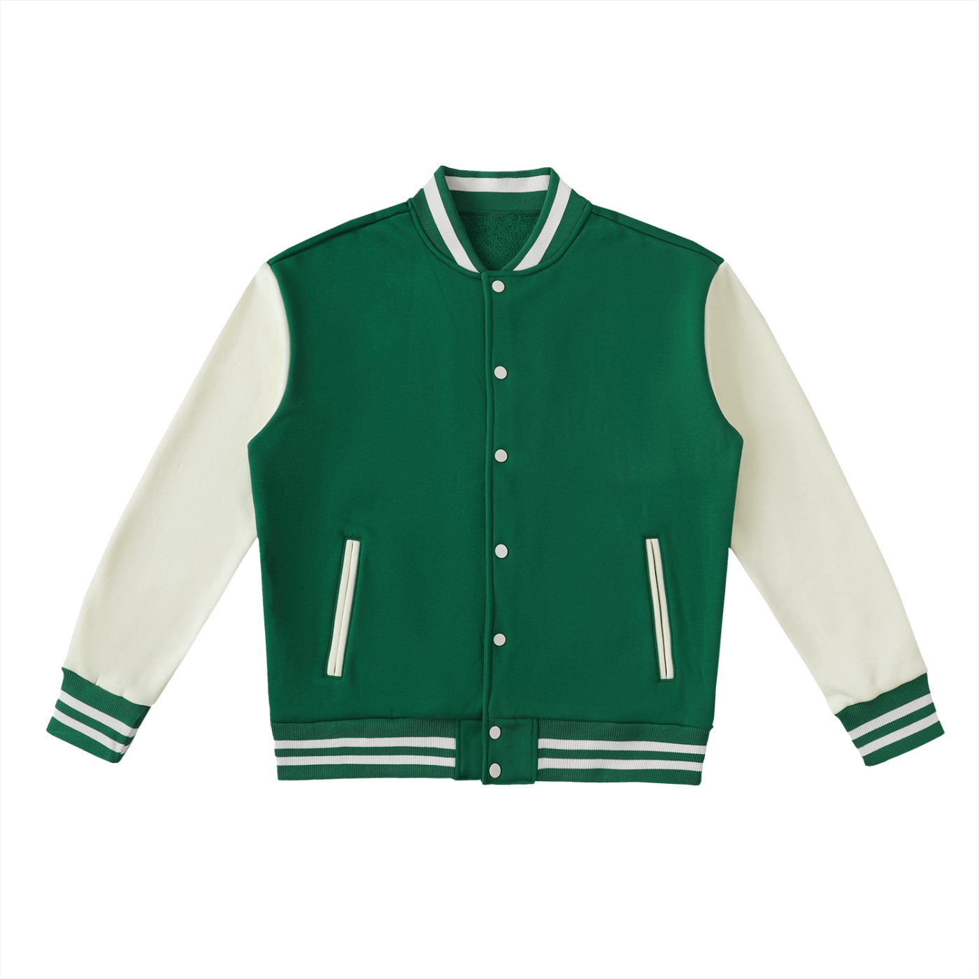 Two-Tone Fleeced Varsity Jacket - Green with White