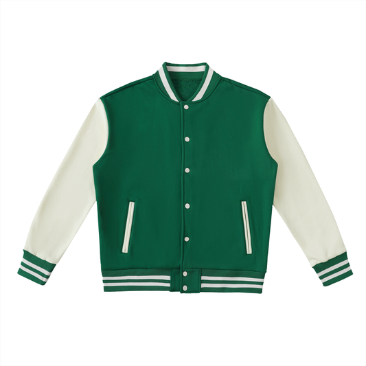 Two-Tone Fleeced Varsity Jacket - Green with White