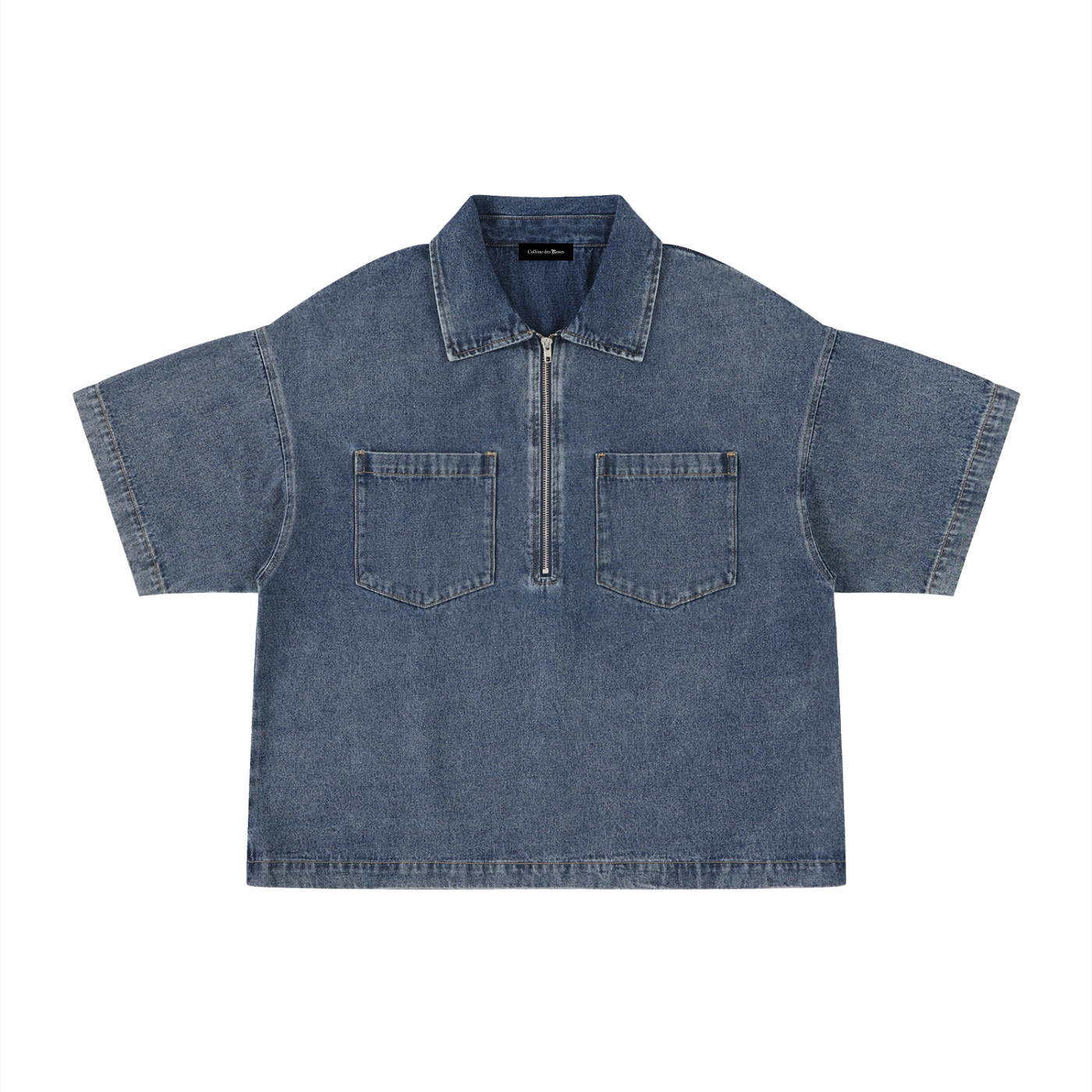 VINTAGE WASH BOXY QUARTER-ZIP DENIM SHIRT - JEANS BLUE