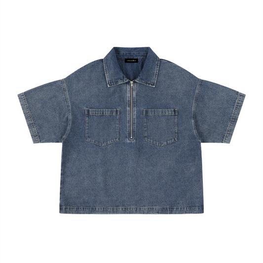 VINTAGE WASH BOXY QUARTER-ZIP DENIM SHIRT - JEANS BLUE
