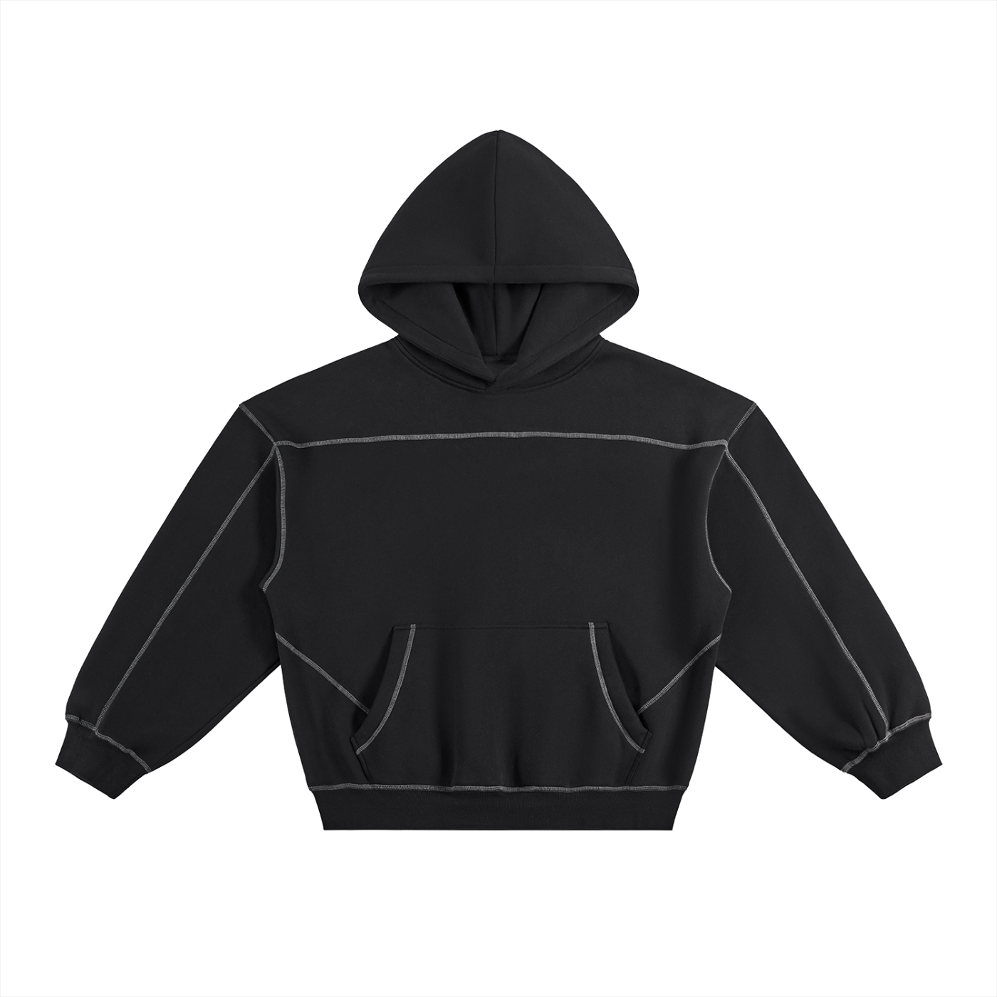 CONTRAST-STITCHED BOXY FLEECE HOODIE - BLACK