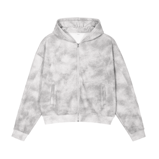 Dirty Washed Zip-Up Fleece Hoodie - Flower Gray
