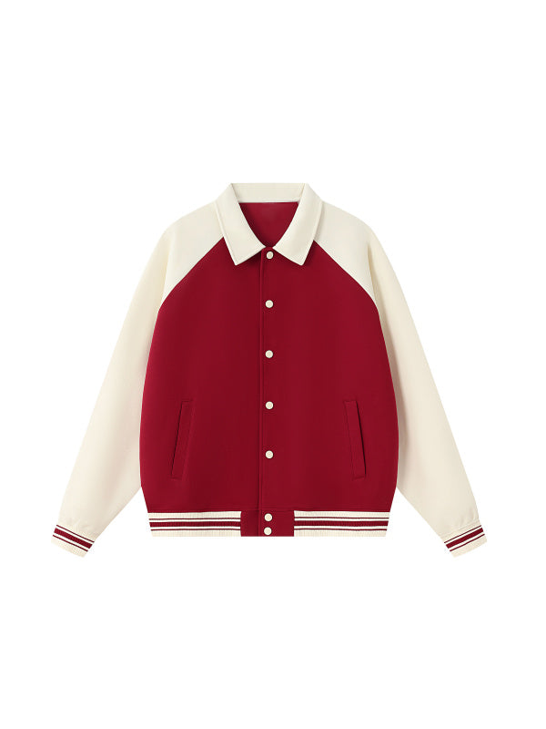 Red and white varsity jacket on a white background