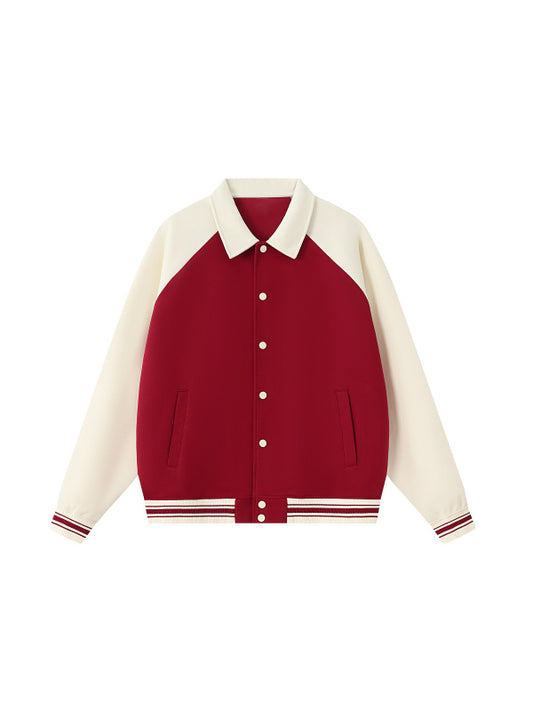 Red and white varsity jacket on a white background