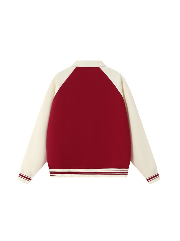 Red and cream baseball-style jacket on a white background