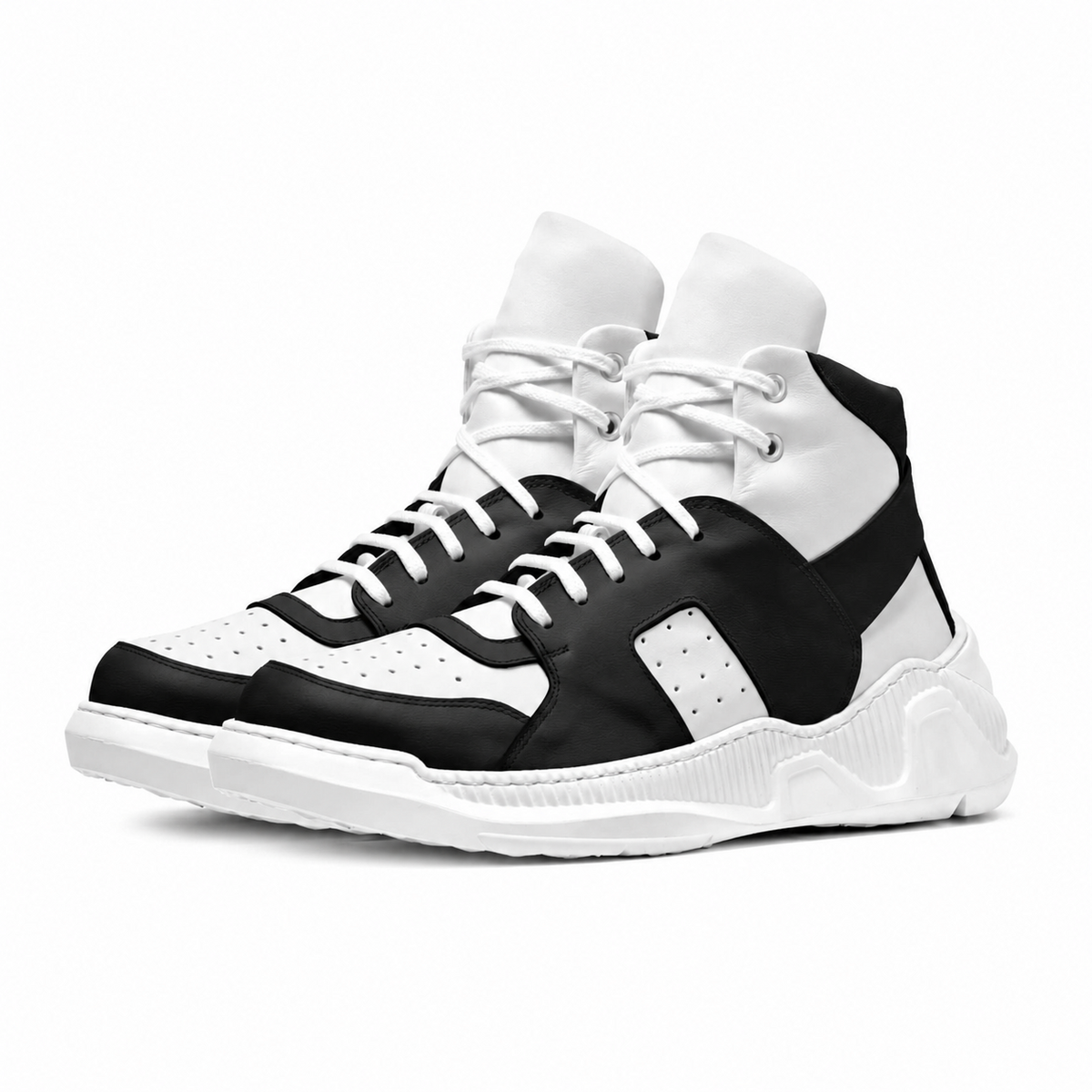 Black and white high-top sneakers on a white background