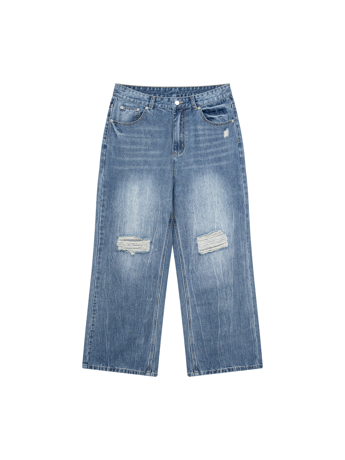 Light blue denim jeans with a straight-leg fit, featuring distressed rips on both thighs and a small white embroidered logo on the upper right hip, displayed flat against a white background.